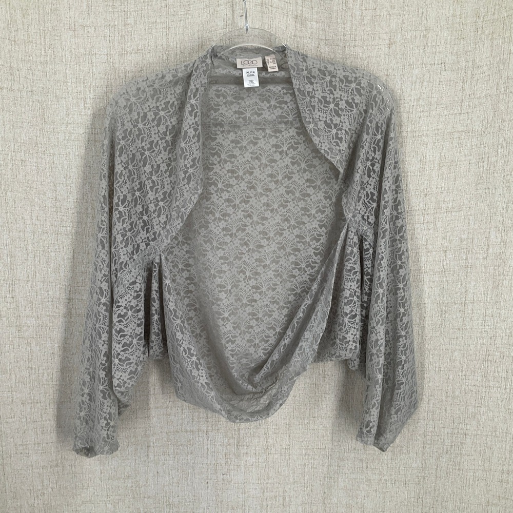 LOGO Lori Goldstein Shrug Women XL/1X Gray Lace Bolero Open Front Cardigan Party